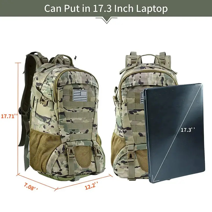 Military-style tactical backpack with camouflage pattern and multiple compartments.