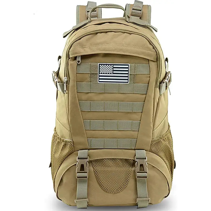 Tactical military-style backpack in tan color with an American flag patch.