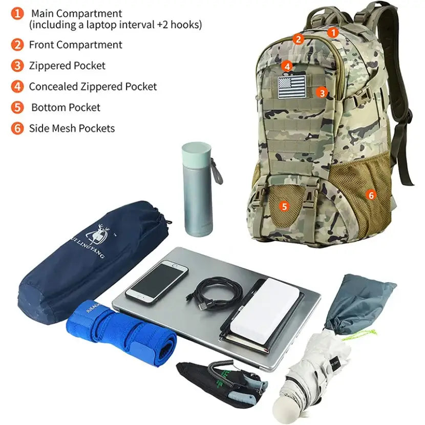 Tactical backpack with multiple compartments and pockets, shown alongside various travel accessories.