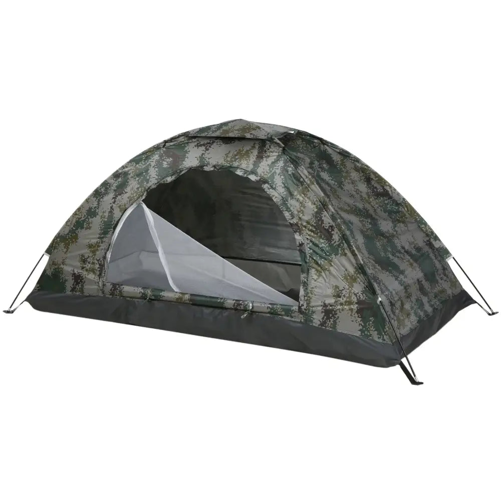 Camouflage-patterned camping tent with a mesh window.