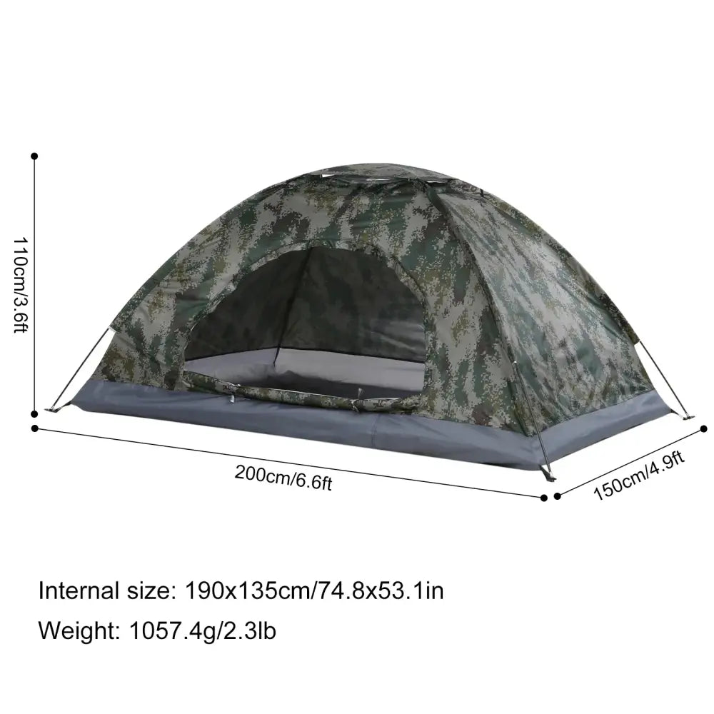 Camouflage-patterned camping tent with dimensions and specifications shown.