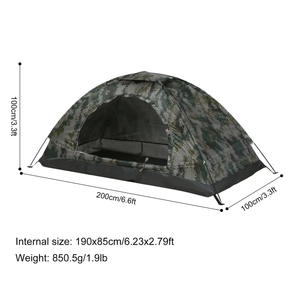 Camouflage-patterned camping tent with dimensions and specifications shown.