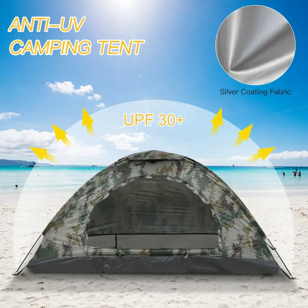 Camouflage-patterned camping tent with anti-UV protection on a beach.