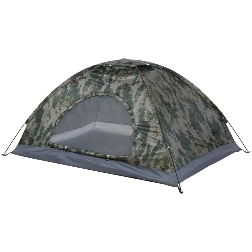 Camouflage-patterned camping tent with a gray base.