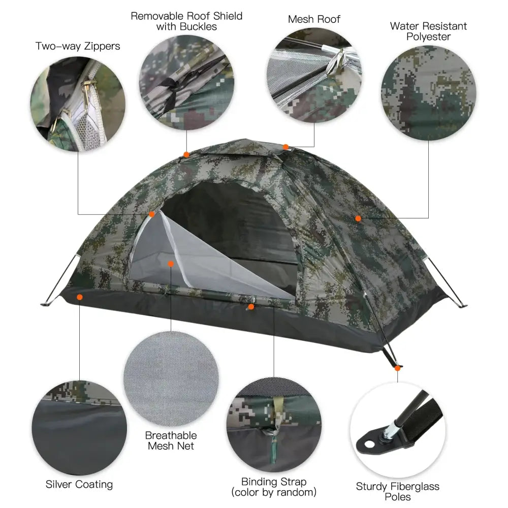 Camouflage-patterned camping tent with labeled features.