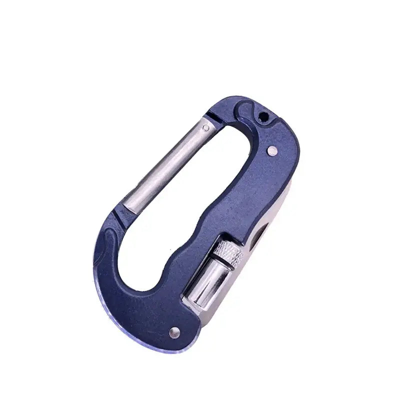 Blue carabiner with a built-in bottle opener.