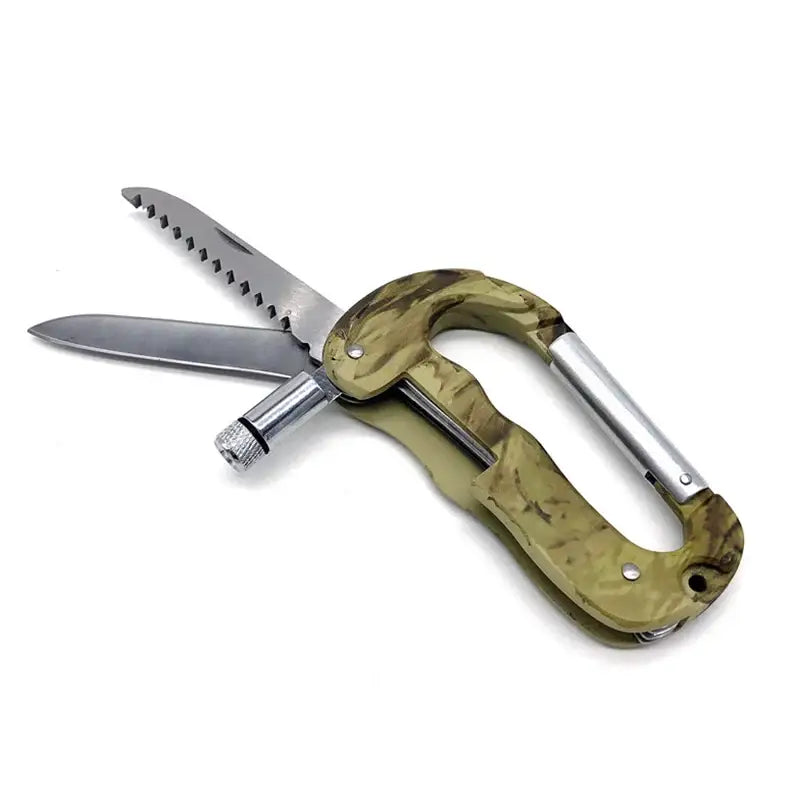 Carabiner-style multi-tool with knife and saw blades in a camouflage pattern.