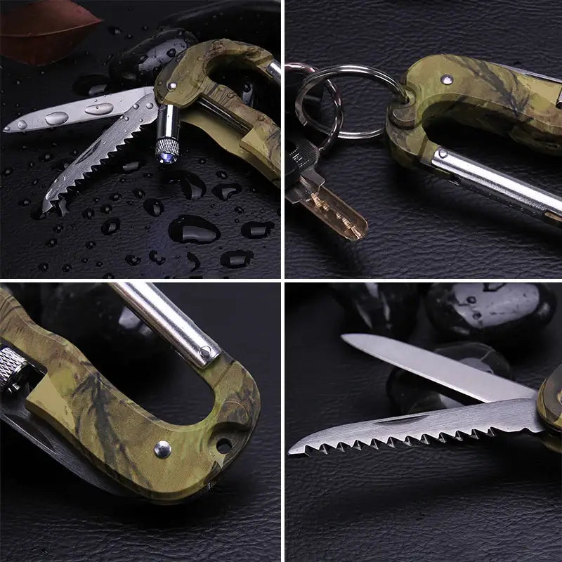 Multitool keychain with camouflage-patterned casing featuring various folding tools.