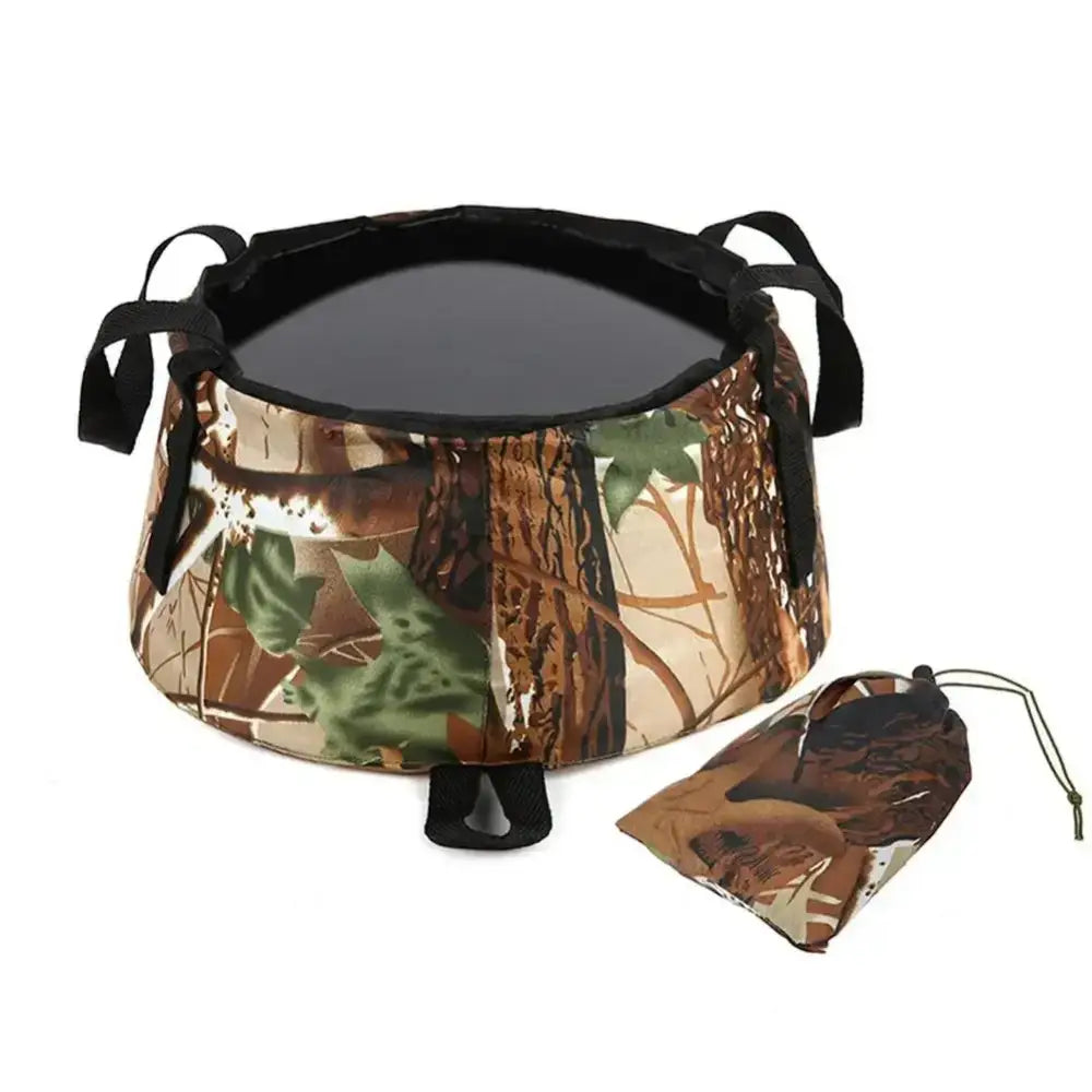 Collapsible camping bowl with camouflage pattern and black trim.