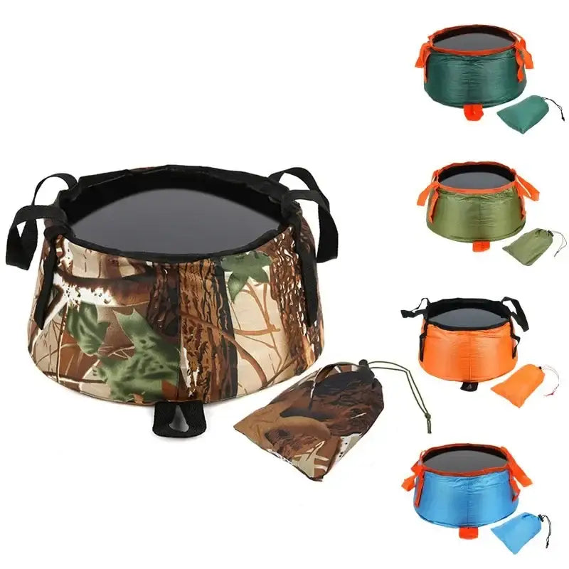 Collapsible camping bowl or sink with camouflage pattern and carrying strap.