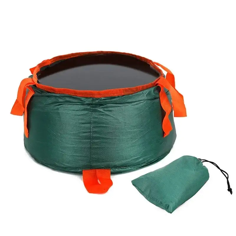 Collapsible outdoor water basin or container with orange trim and a matching storage pouch.