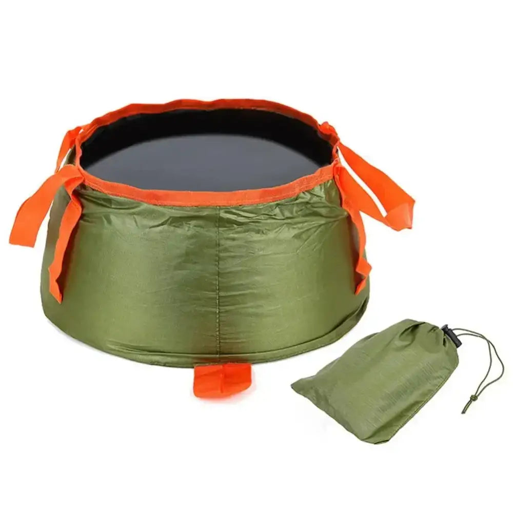 Collapsible camping sink or basin with orange trim and a matching storage pouch.