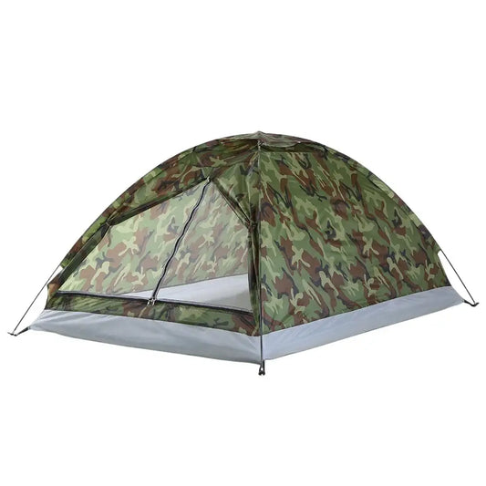 Camouflage-patterned camping tent with a dome shape.