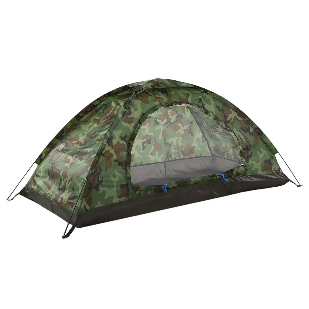 Camouflage-patterned camping tent with a dome shape.