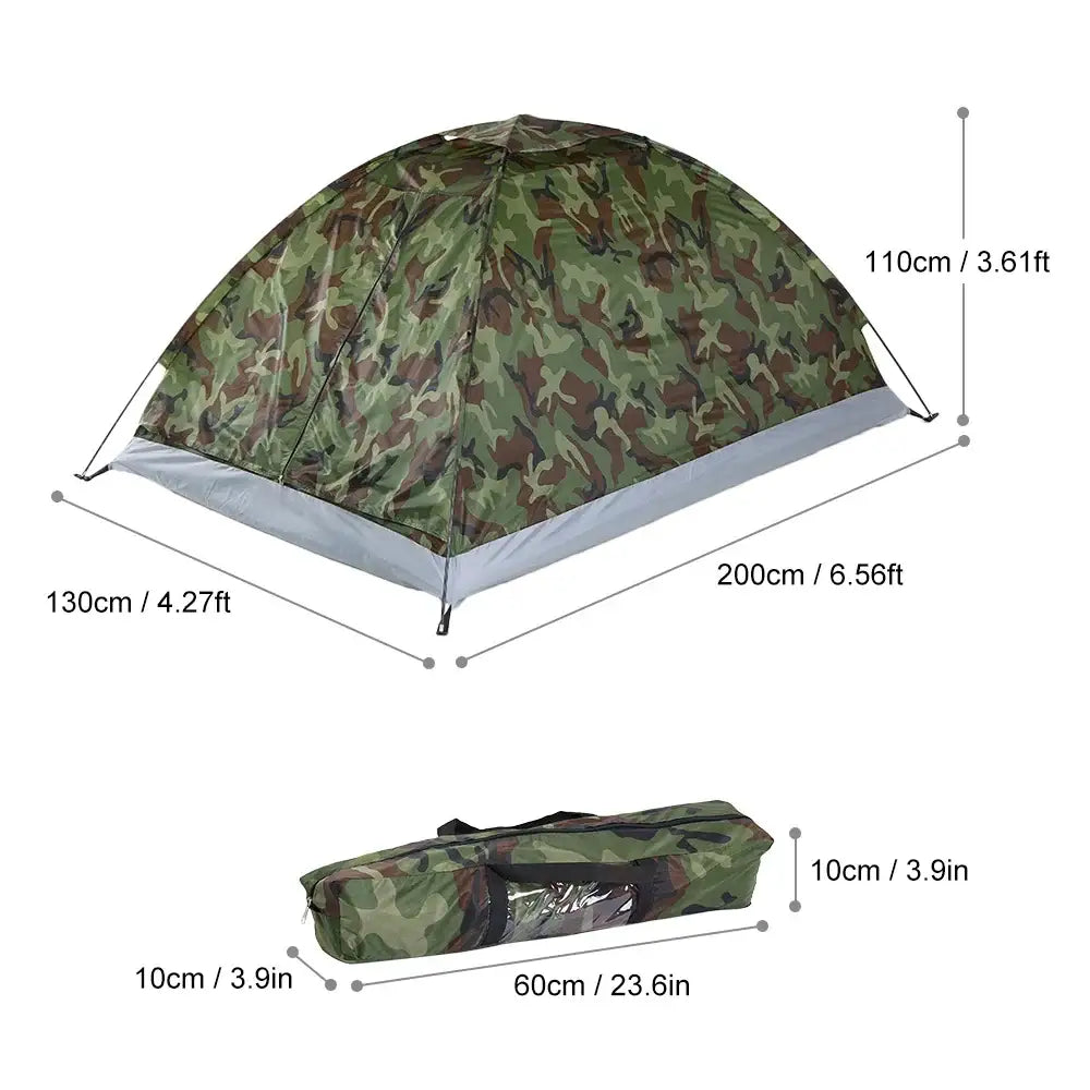 Camouflage-patterned camping tent with dimensions shown.