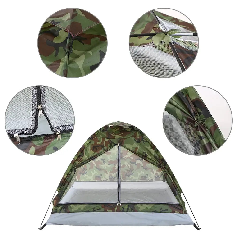 Camouflage-patterned camping tent with mesh windows.