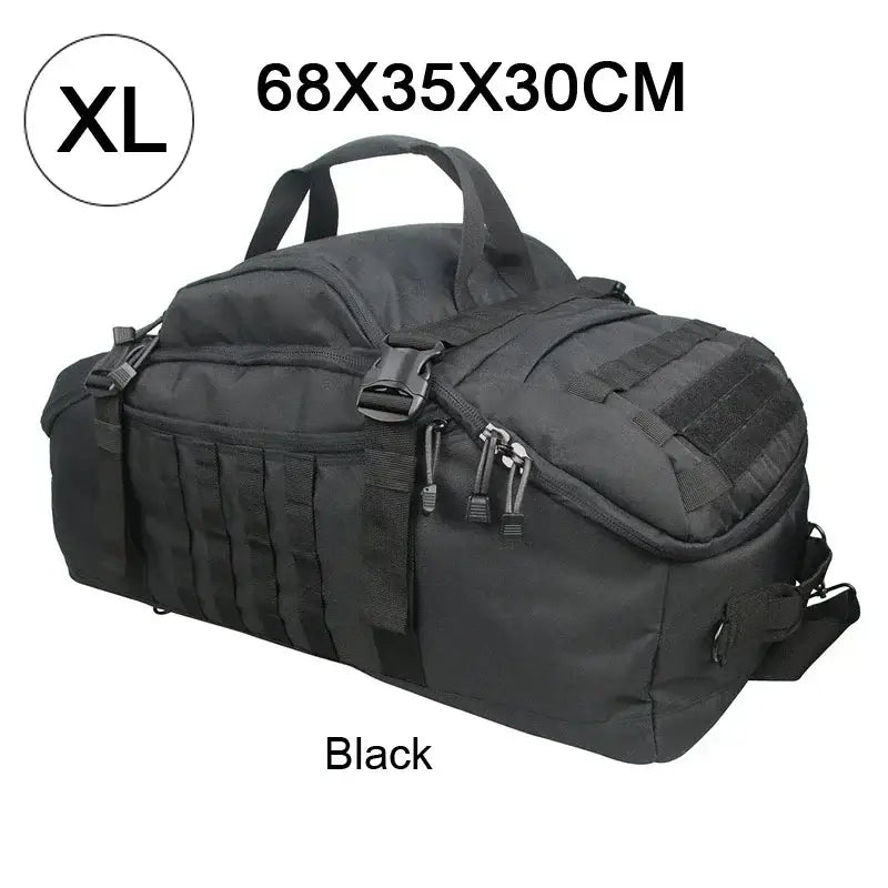 Black tactical duffel bag with multiple compartments and straps.