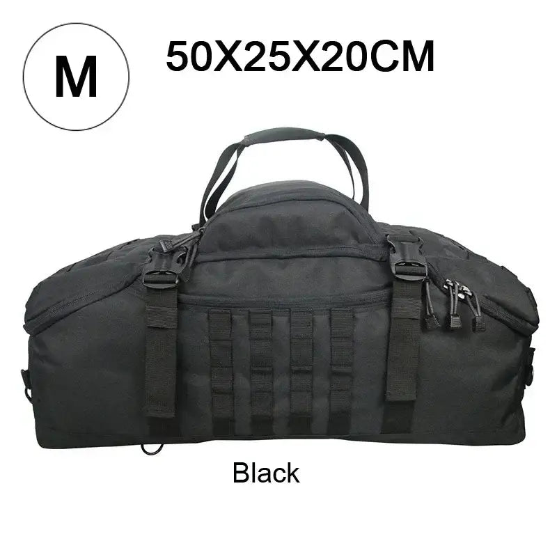 Black tactical duffel bag with multiple straps and compartments.