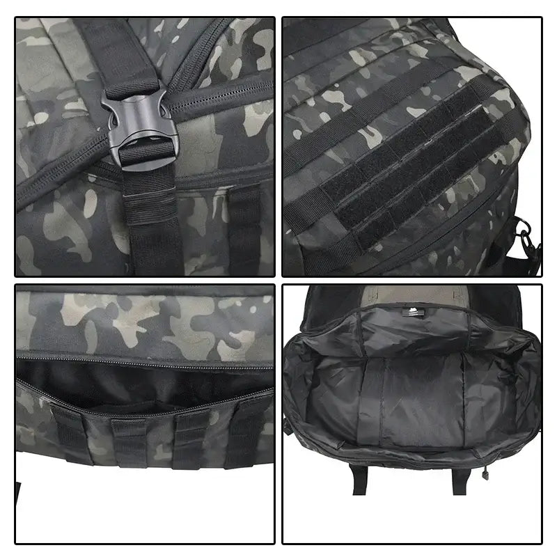 Camouflage-patterned backpack with multiple compartments and straps.