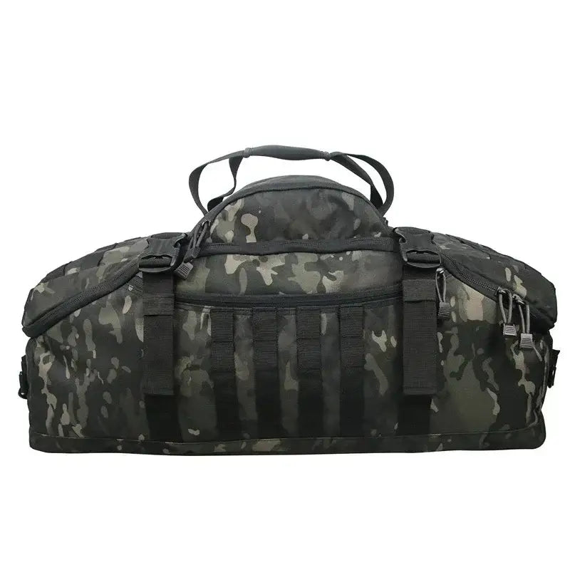 Camouflage-patterned duffel bag with multiple straps and compartments.