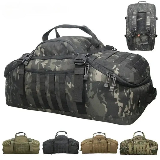 Camouflage-patterned duffel bag with multiple compartments and straps.