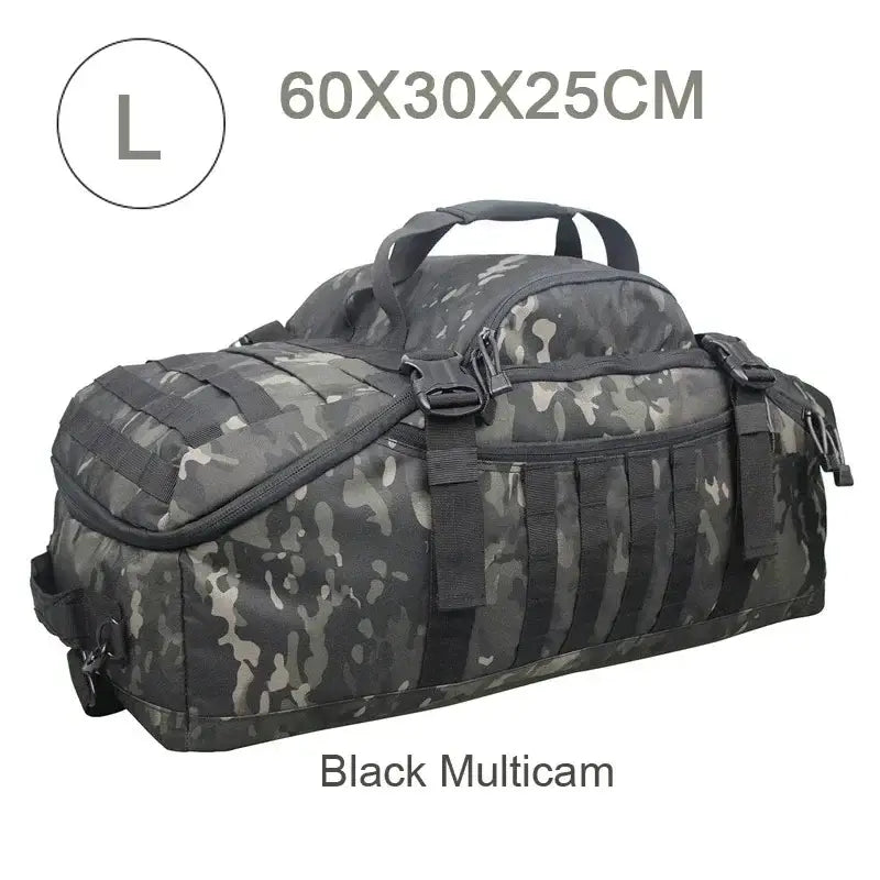 Camouflage-patterned duffel bag with multiple compartments and straps.