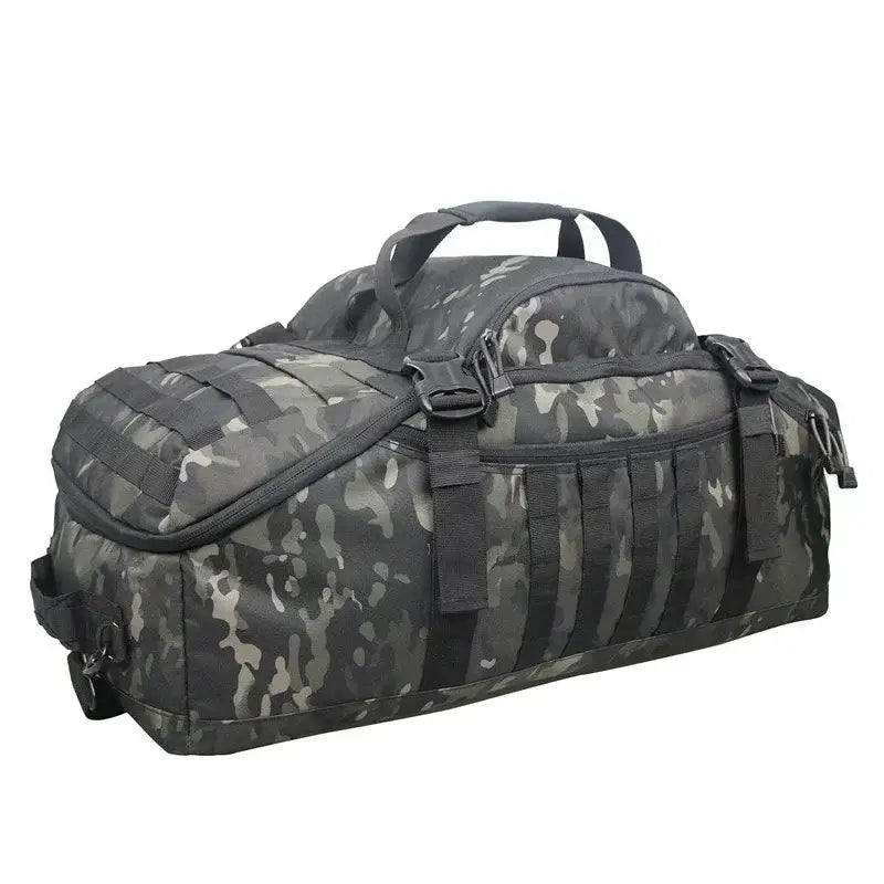 Camouflage-patterned tactical duffel bag with multiple compartments and straps.