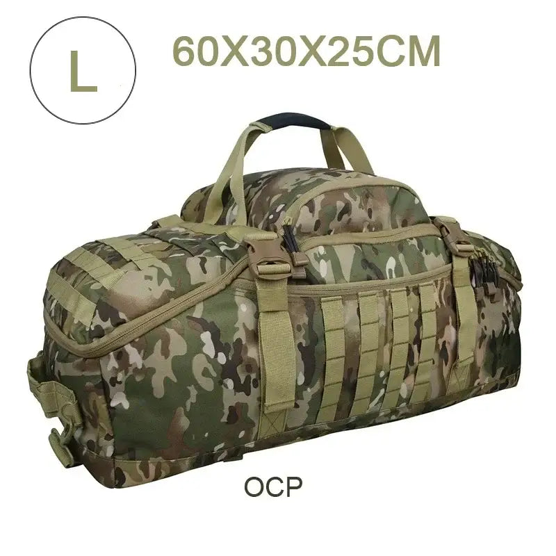 Military-style duffel bag with camouflage pattern and multiple straps.