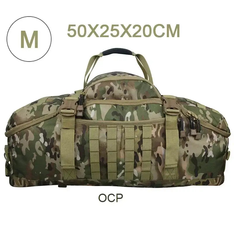 Camouflage military-style duffel bag with multiple straps and compartments.