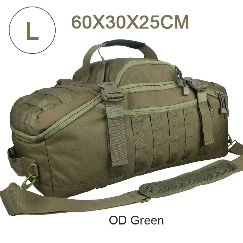 Military-style duffel bag in olive drab green with multiple compartments and straps.