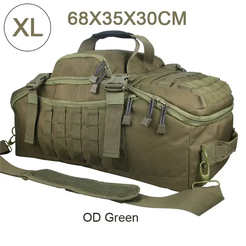 Military-style tactical duffel bag in olive drab green with multiple compartments and MOLLE webbing.