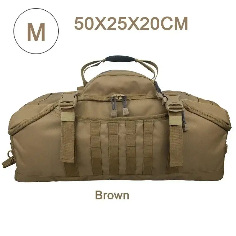 Tactical duffel bag in brown with multiple compartments and straps.