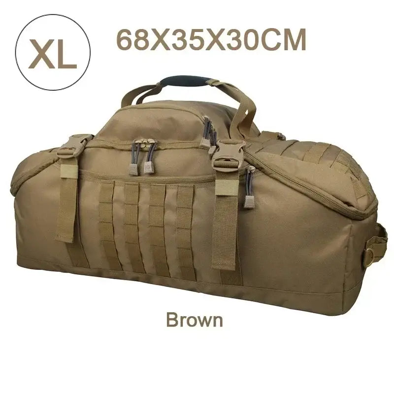 Tactical duffel bag in brown with multiple straps and compartments.