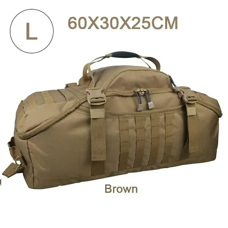 Tactical duffel bag in brown with multiple straps and compartments.