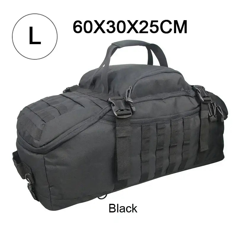 Tactical duffel bag with multiple compartments and straps in black.