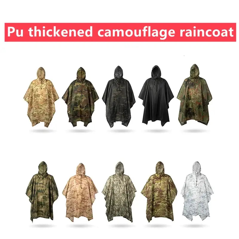 Collection of camouflage ponchos or raincoats in various colors and patterns.