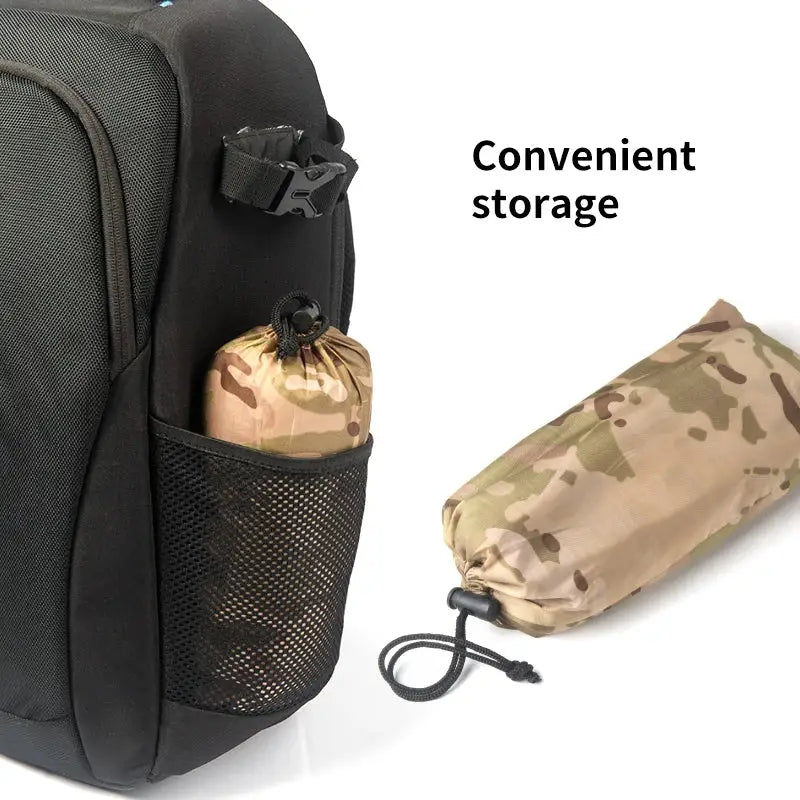 Compact camouflage-patterned storage pouch with drawstring closure.