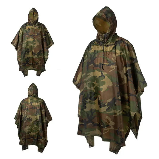 Camouflage military poncho with hood.