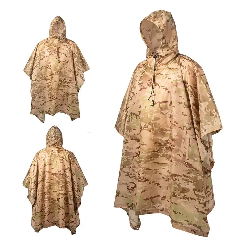 Military-style camouflage poncho with a hood.