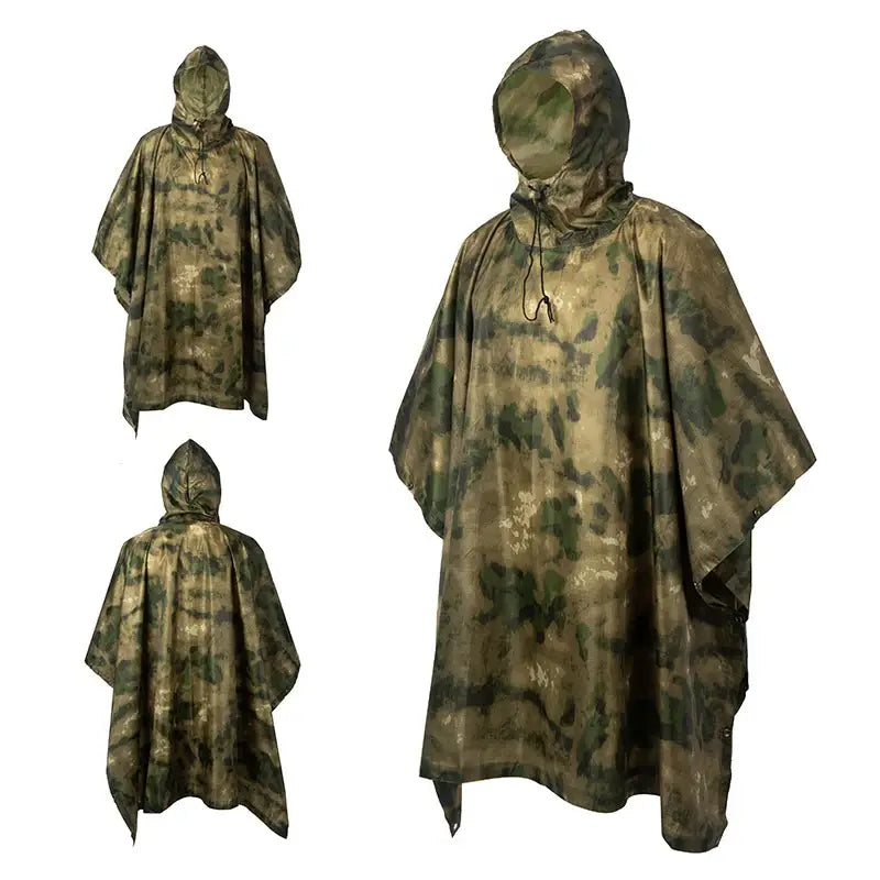 Camouflage poncho with a hood designed for outdoor or military use.