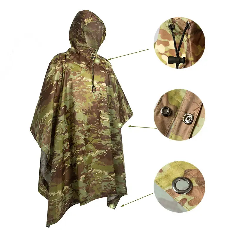 Camouflage poncho with hood and detail images showing features.