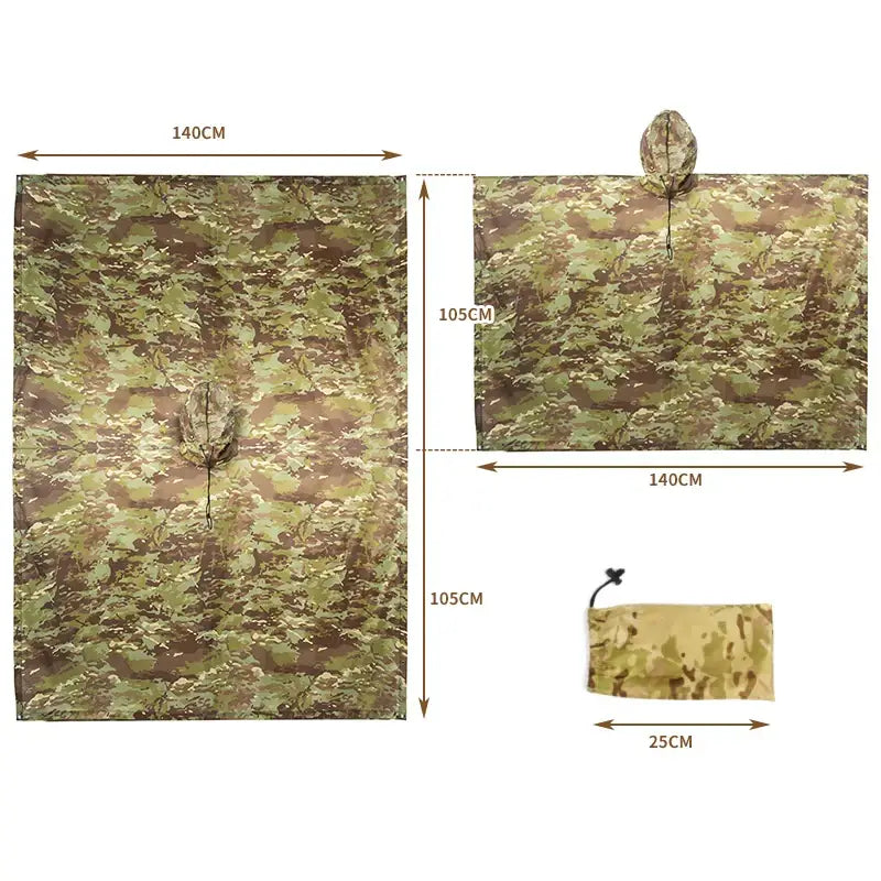 Camouflage poncho or rain cover with dimensions and a matching storage pouch.