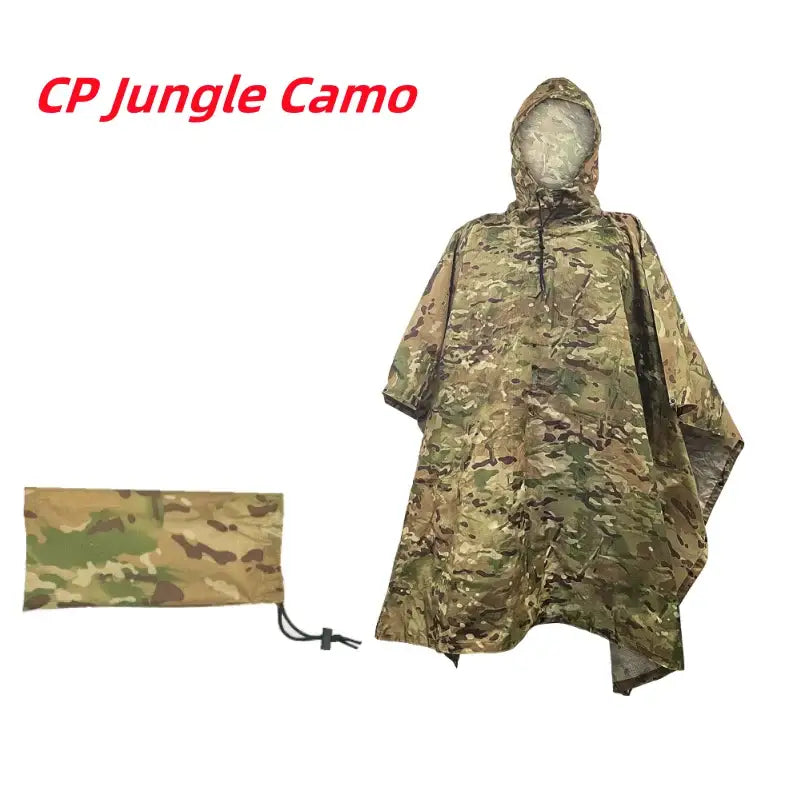 Camouflage poncho with a matching storage pouch.