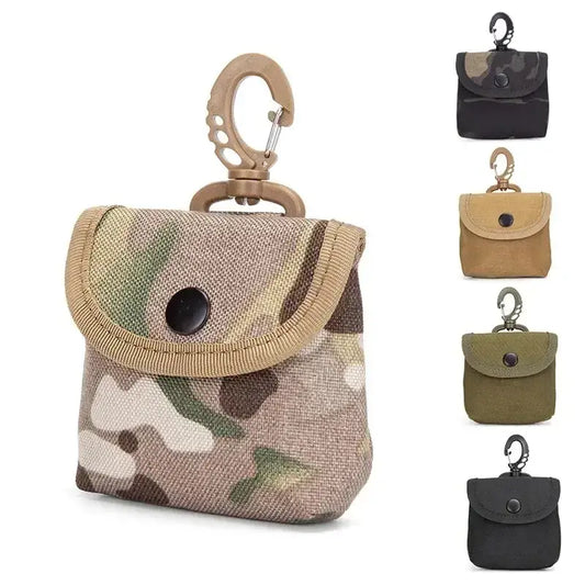 Camouflage-patterned pouch with a carabiner clip attachment.