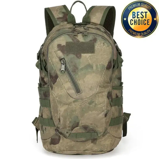 Camouflage-patterned tactical backpack with multiple pockets and straps.