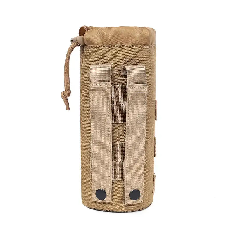 Tactical water bottle holder pouch in tan/beige color with MOLLE straps.