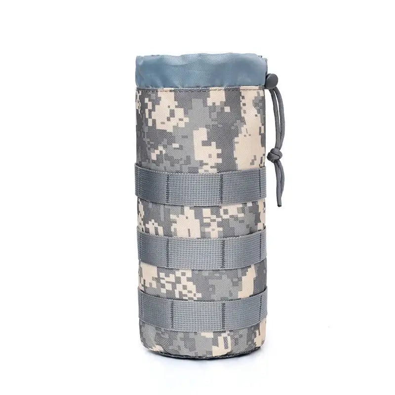 Cylindrical camouflage-patterned pouch with adjustable straps.