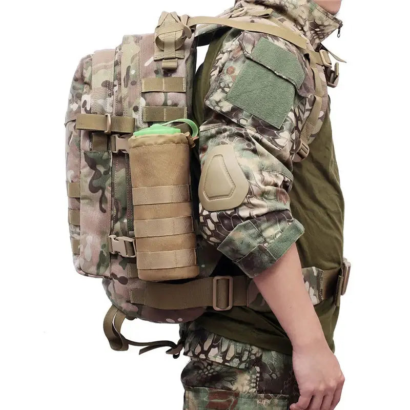 Military-style tactical backpack with camouflage pattern and multiple pouches.