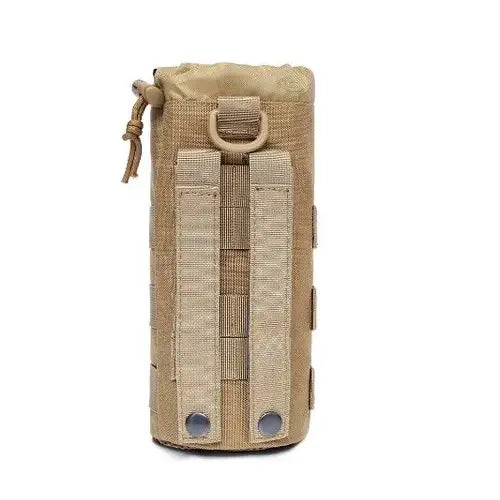 Tactical MOLLE water bottle pouch in tan color.