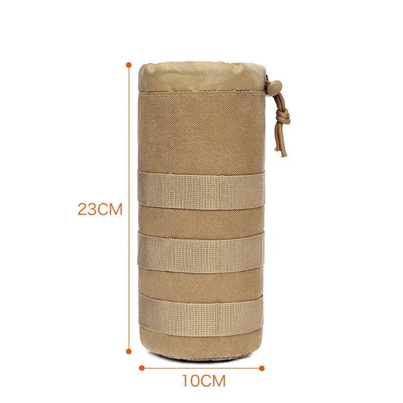 Tan cylindrical tactical water bottle holder with MOLLE-style webbing straps.